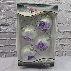 Krebs SNOW Purple Designer Glass Ball Christmas Ornament 2 1/2" Lot Of 4